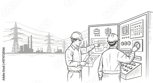 illustration of two workers at electrical control panel with power lines and towers