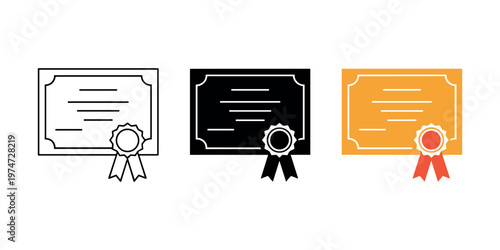 Three certificate with ribbon and seal in outline solid black and orange styles diploma