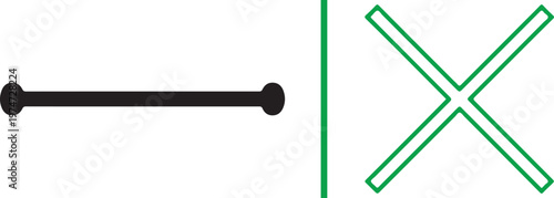 Minimalist vector featuring a horizontal black line with circular ends and a green outline cross symbol, separated by a vertical green line. Clean geometric icons on a white background.