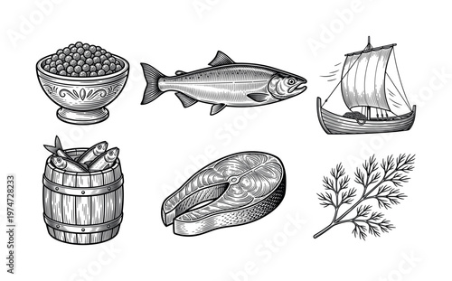 A set of Scandinavian food and culture icons in a vintage engraving style. Features salmon, caviar, herring, dill, and a Viking ship, perfect for restaurant branding.