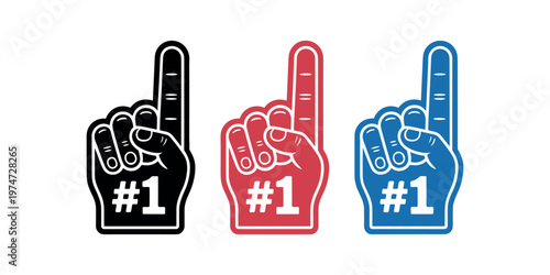 Three foam finger hand props with number one and hashtag symbol in black red and blue in white background