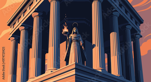Priestess figure in a hooded robe holds a bowl of fire standing before a grand classical temple with tall stone pillars.