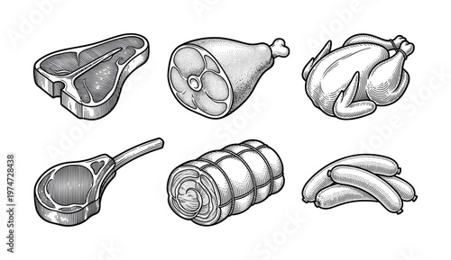 A set of meat products in a vintage engraving style. Includes steak, chicken, sausage, and ham. Perfect vector illustration for a butchery menu, restaurant, or food packaging.