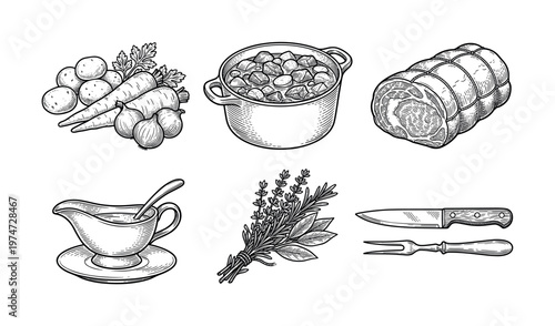 A vintage set of hand drawn food icons in an engraving style. Includes roast meat, stew, vegetables, and gravy. Perfect for menus, cookbooks, or rustic restaurant branding.