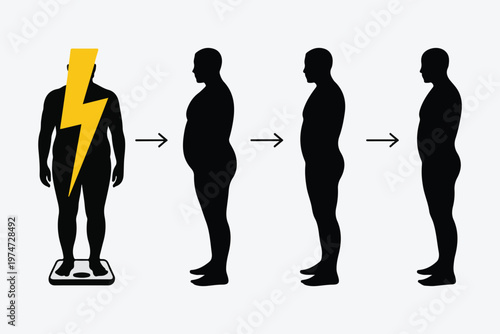 Photos Weight loss concept showing an overweight person on a scale transforming into a slimmer physique