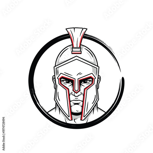 Spartan Warrior Mascot Logo Vector Illustration, Ancient Greek Soldier Helmet Emblem in Circular Frame for Sports and Fitness