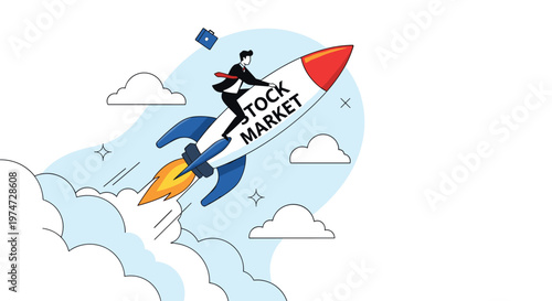 Innovative entrepreneur rides a fast rocket labeled stock market soaring through the clouds towards financial gains.