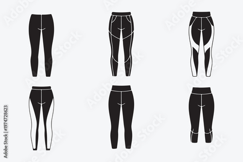 Various leggings and yoga pants icons featuring different panel designs and lengths for sports and active lifestyle.