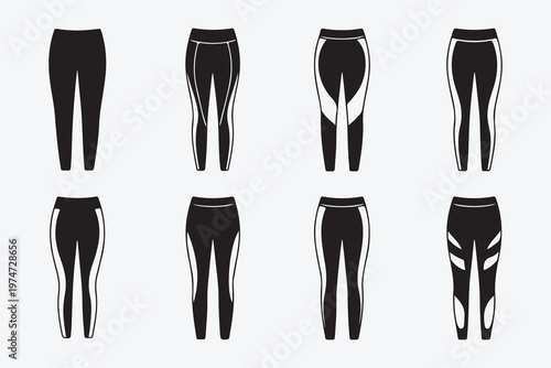 Athletic leggings set showing side panels and geometric designs for fitness fashion and functional sportswear items.