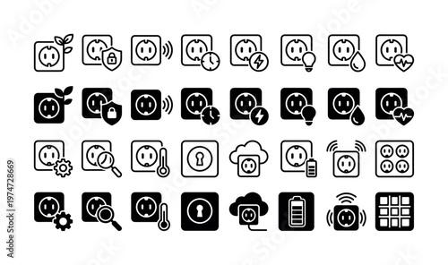 Set of smart socket icons for electricity and energy concepts. Includes glyph and line styles for UI, web design, and home automation apps. Vector graphic collection.