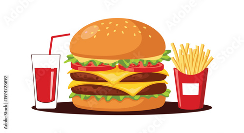 Delicious double decker cheeseburger served with a portion of crispy golden fries and a refreshing red fruit drink.