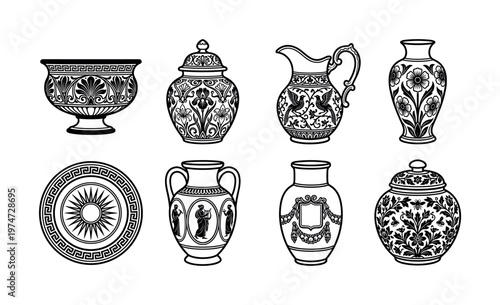 A set of black and white antique Greek and Roman pottery. Vector collection of decorative vases, urns, and amphorae for historical design and art projects.