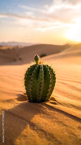 A singular cactus stands alone on a sandy dune. The setting sun casts a warm light creating shadows across the undulating landscape