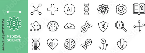 Medical science and technology icon set line style vector illustration for healthcare, AI research, genetics, diagnostics, and innovation