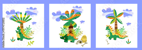 Cute Cartoon Triceratops and Brontosaurus with Fossil Skull and Bone in Prehistoric Forest for Children Education Materials or Dino Theme Party Decoration