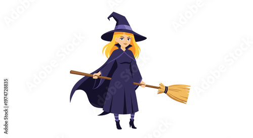 Charming young witch with blonde hair wears a purple cloak and hat while holding her magical wooden broomstick.