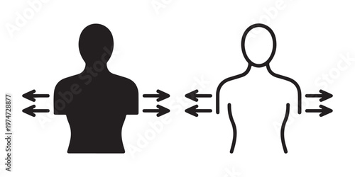 body shaping icon set with male torso and arrows showing waistline reduction for weight loss concept.