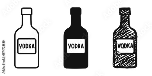 Vodka bottle icon set in outline, solid, and hand-drawn styles