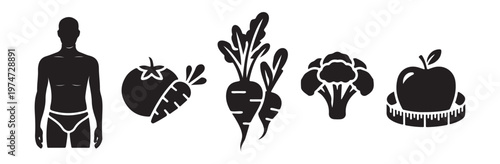 healthy eating and fitness icons with female body, vegetables and measuring tape for diet and wellness.