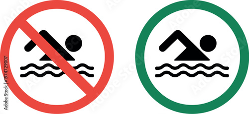 Swimming allowed and no swimming signs vector illustration set with swimmer icons for safety, warning, and recreational area design