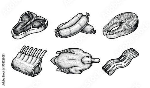 Set of raw meat, seafood, and poultry illustrations. Includes steak, sausage, salmon, ribs, duck, bacon. Vintage engraving sketch for butchery, menus, and restaurant branding.