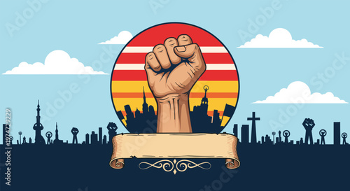 Raised fist symbol of protest and strength set against a sunset city skyline with a decorative scroll for text.