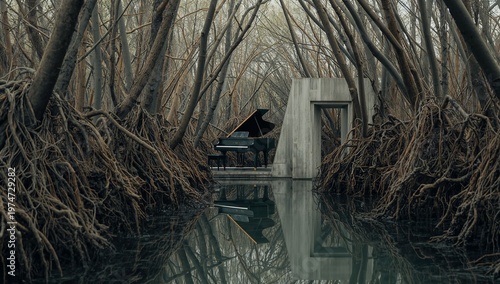 Grand piano in a flooded forest with concrete structure reflecting in water