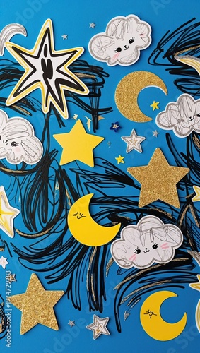 Gold Stars and Moons Night Sky