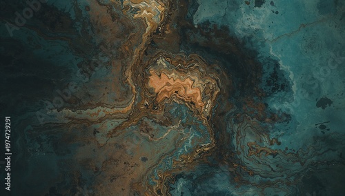 Abstract turquoise and bronze textured background with swirling patterns and natural look.