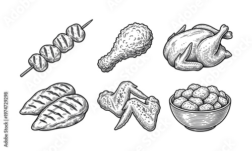 Set of chicken meat dishes in a vintage sketch style. Includes roasted, grilled, and fried food for restaurant menus, packaging, or farm product branding.