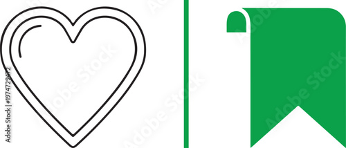 Minimalist vector featuring a thin line art heart icon and a solid green bookmark ribbon, separated by a vertical line. Clean social media interface elements on a white background.