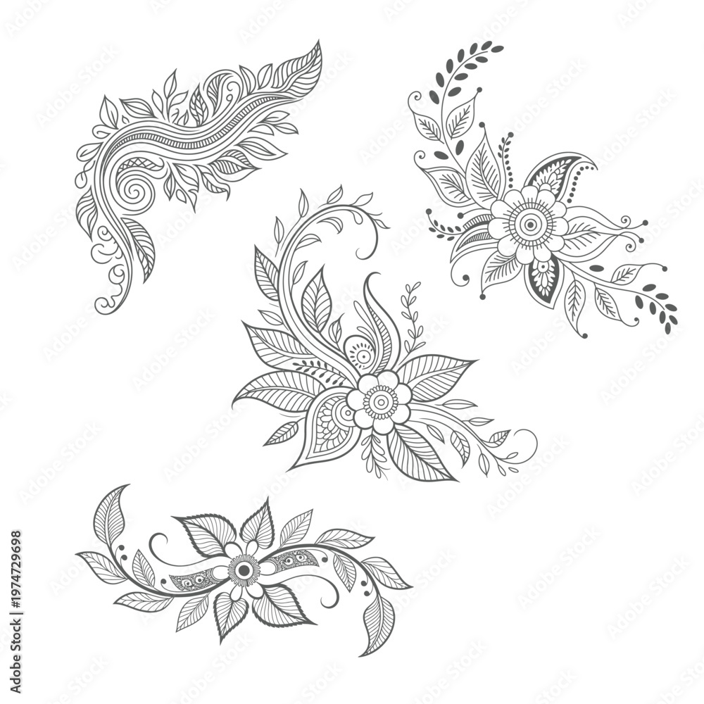 Fototapeta premium Intricate Henna Floral Paisley Vector Set with Ornamental Mehndi Elements