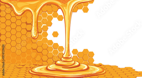 Natural golden honey dripping from a honeycomb down to a pool of sweet liquid on a white studio background.