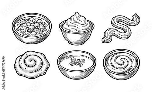 A set of six food icons: soup, stew, sauces, and dips. Hand-drawn vintage engraving style vector illustrations for menus, packaging, or restaurant branding.