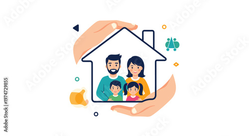 Caring hands cupped around a house symbol containing a happy family of four to represent security and insurance.
