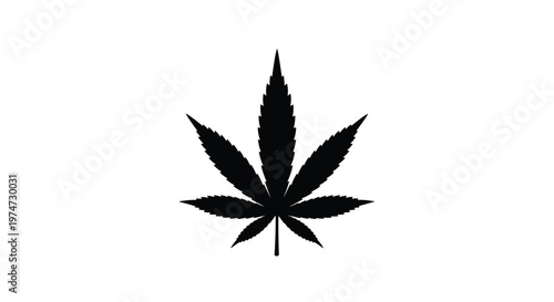 Black silhouette of a single cannabis sativa leaf with distinct jagged edges isolated on a white background.