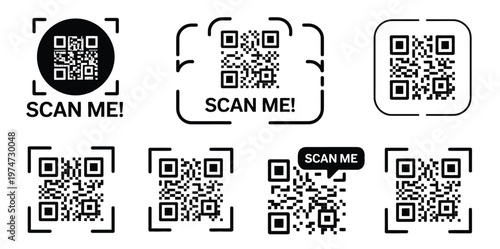Scan QR Code Set QR Code Icon Frames with Scan Me Text Vector Illustration