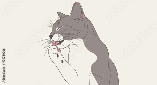 Cartoon cat grooming itself with tongue extended against a neutral backdrop