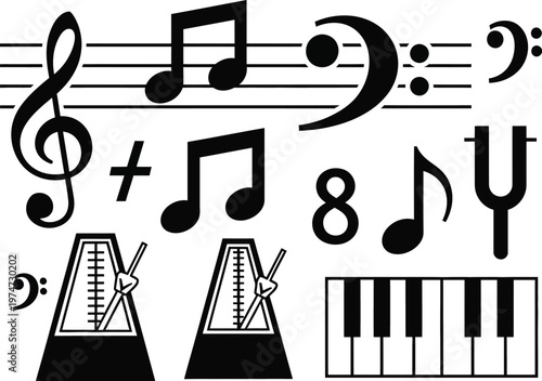 music notes and symbols with triangles and piano keyboard