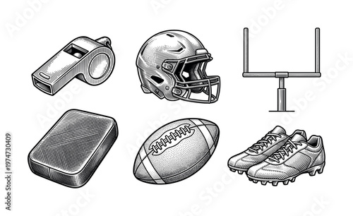 A set of American football equipment icons in a vintage engraving style. Includes helmet, ball, cleats, goal, whistle. Perfect for sports design, logos, and memorabilia.
