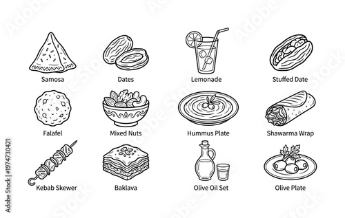 Collection of hand-drawn Middle Eastern food icons. Features hummus, kebab, falafel, and baklava. Perfect for menus, blogs, and culinary design. Vector line art style.