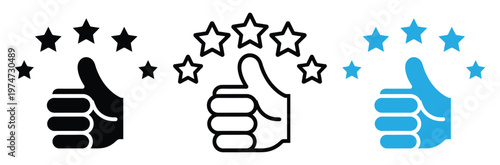 Customer review and satisfaction icon set with thumbs up and five stars for rating and feedback concepts