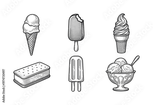 Set of six vintage ice cream illustrations in a hand-drawn, engraving style. Includes cone, sundae, popsicle, and sandwich. Perfect for menus, packaging, or retro summer designs.