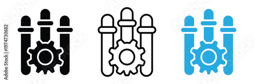 Laboratory test tube and gear icon set for medical research automation chemistry and biotechnology industry concepts