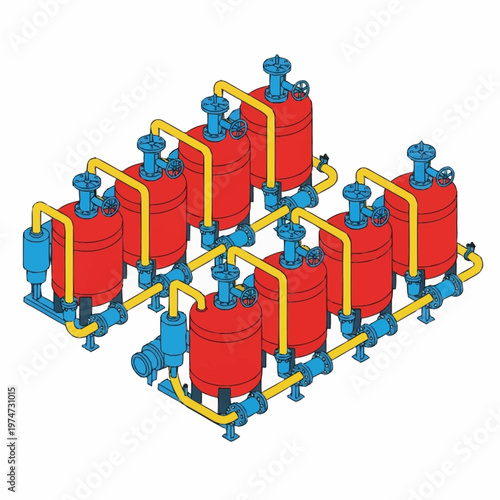 Industrial Chemical Processing Unit with Multiple Tanks and Piping.