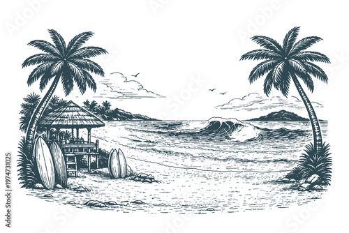 Vintage black and white tropical beach vector illustration with surfboards, hut and ocean waves
