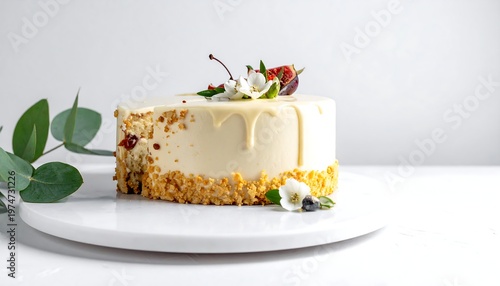 A slice of decorated layered dessert with white frosting and toppings, presented on a white plate with greenery