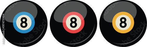 Three colorful eight ball billiard icons with vibrant designs and realistic shading on a white background
