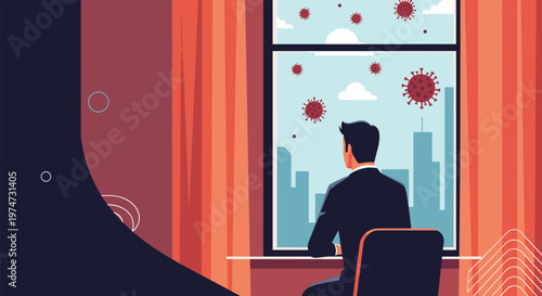 Man looks through a window at a city during a pandemic lockdown with virus icons floating in the air outside.