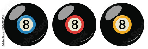 Three colorful eight ball billiard icons with vibrant designs and realistic shading on a white background